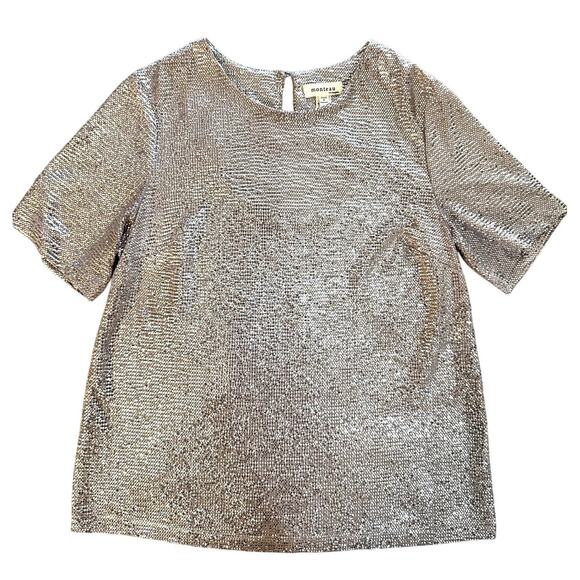NWOT SILVER SEQUIN SHORT SLEEVE BLOUSE - Monteau brand size Large - Picture 1 of 2